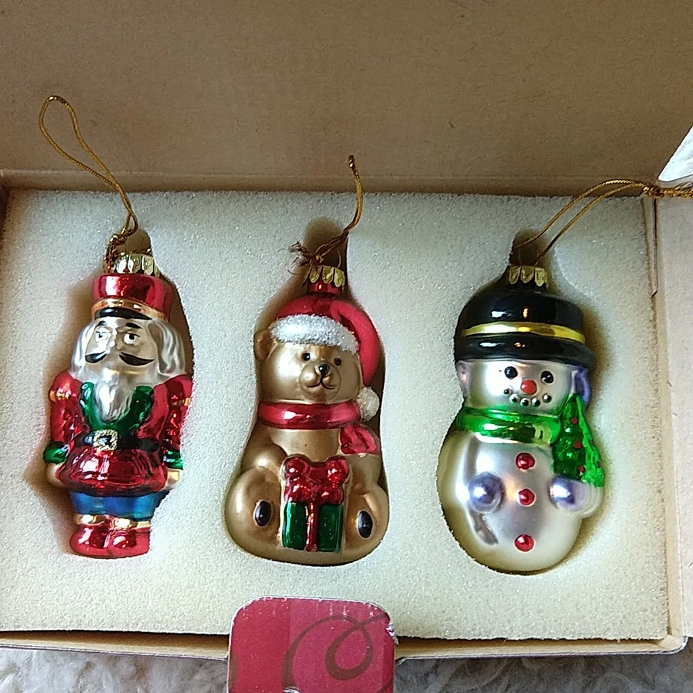 Vintage Avon Blown Glass Christmas Ornament Set Gift Box Snowman Bear Nutcracker